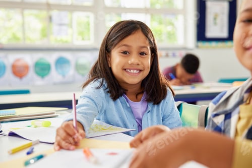 Preview: Portrait of smiling indian schoolgirl study with classmate