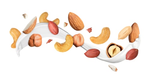 Preview: Milk splash with different nuts in air on white background