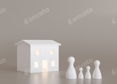 Preview: House and family figures on beige background. Insurance, homeless support, adoption concept