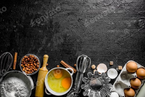 Preview: Baking background. Ingredients for making homemade cookies.