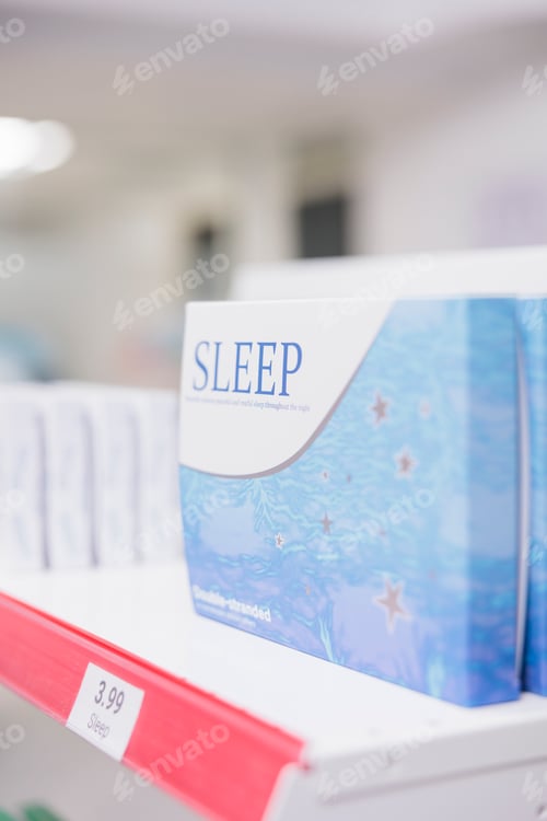 Preview: Empty healthcare retail store with shelves full of sleeping pills packages with modern medicine