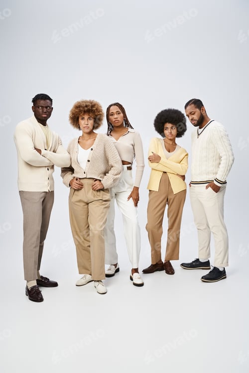 Preview: group of young african american men and women posing together on grey background, Juneteenth