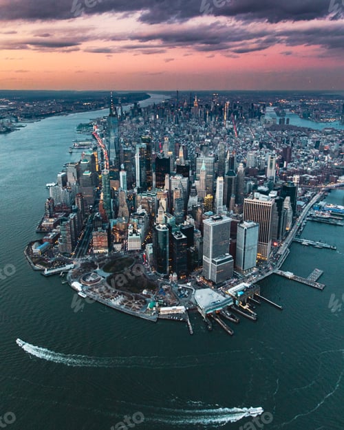 Preview: A view of New York City Manhattan from a helicopter ride at sunset