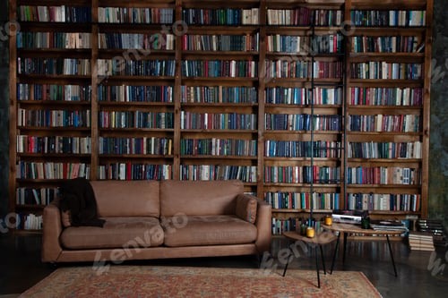 Preview: Bookshelves in the library. Large bookcase with lots of books. Sofa in the room for reading books