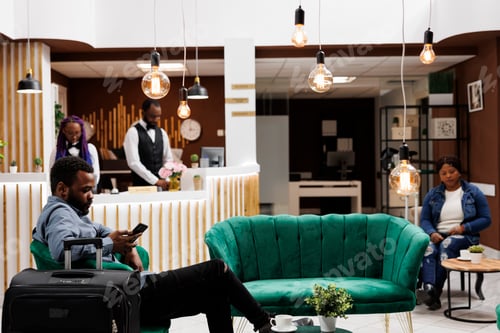 Preview: People tourists at hotel lounge area