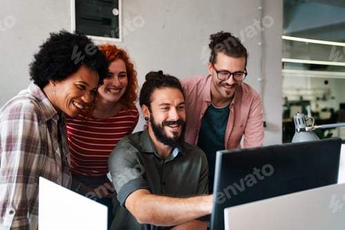 Preview: Mixed team of software engineers brainstorming ideas. Diverse app developers collaborating as group