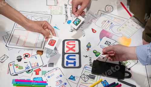 Preview: Close-up of the development team Brainstorm and plan group problem solving ideas. Creative teamwork