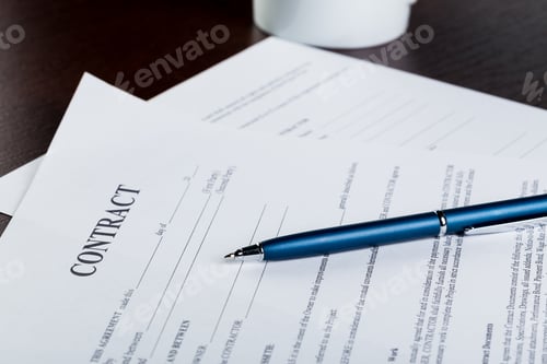 Preview: Pen and contract papers on wooden desk