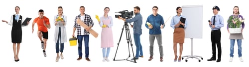 Preview: Choosing profession. People of different occupations on white background, collage of portraits