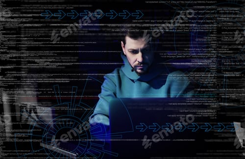 Preview: Cyber attack. Hacker working with laptop in dark room. Different digital codes and icons around him