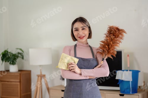 Preview: Housekeeper holding feather duster and cloth in living room