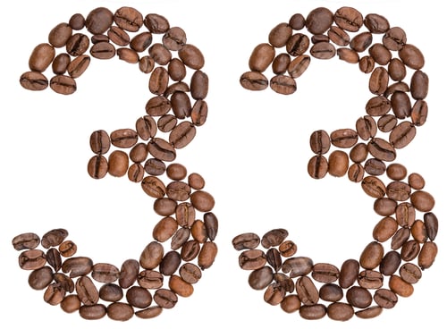 Preview: Arabic numeral 33, thirty three, from coffee beans, isolated on white background