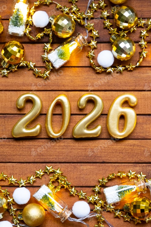 Visualização: Feliz Ano Novo, números de madeira 2026 em aconchegante fundo de madeira marrom festivo