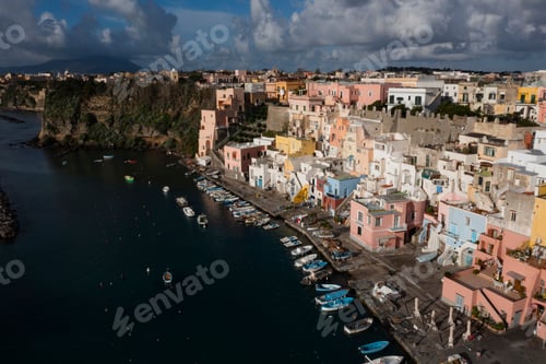 Preview: Aerial view of colourful fishermen's houses, on Procida Island, Bay of Naples, Italy.