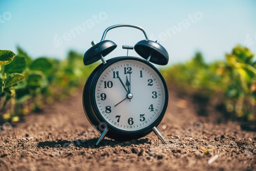 Preview: Time for crop protection and herbicide treatment, alarm clock in cultivated soybean field