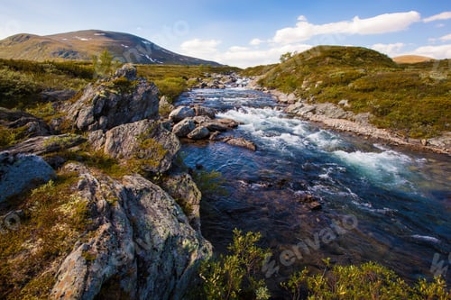 Preview: sunny landscape Norway mountains Dovrefjell river