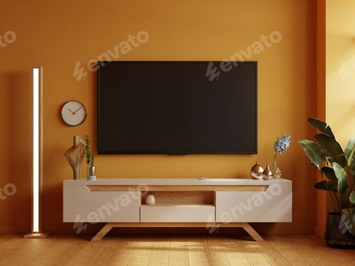 Preview: TV room in yellow wall background,Modern living room.