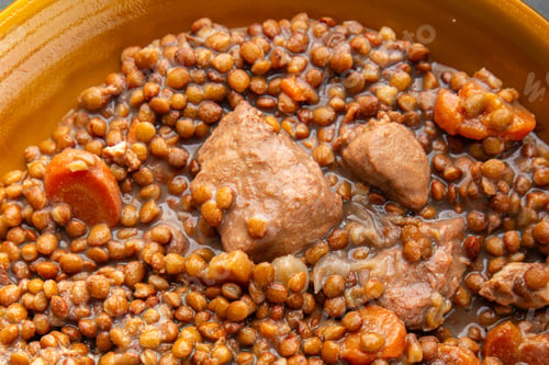 Preview: lentils meat beef or pork fresh cooking meal food snack on the table copy space food background