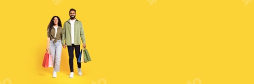 Preview: Arabic man and woman holding shopping bags walking, yellow background