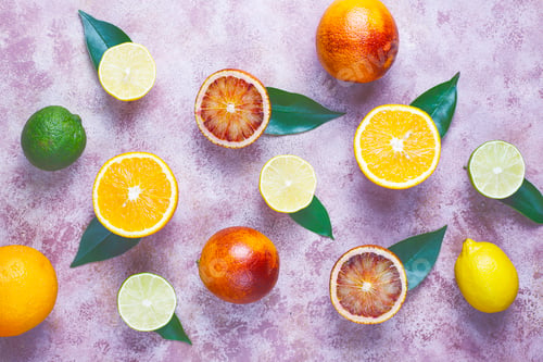 Preview: Citrus background with assorted fresh-citrus fruits,lemon,orange,lime,blood orange.