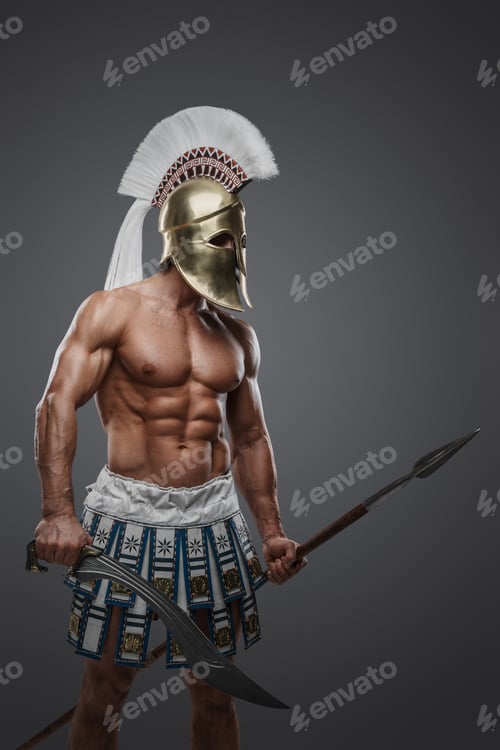 Preview: Ancient spearman from greece with golden helmet and spear