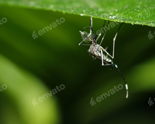 Visualização: um mosquito em uma folha com gotículas de água nas asas