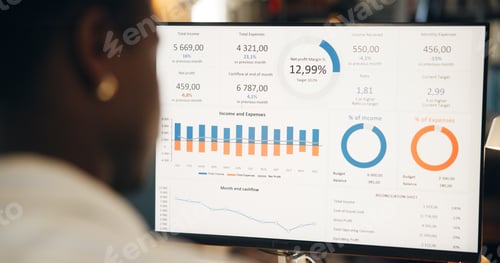 Preview: Computer screen, trading and back with charts, home and person for income, expenses or budget with