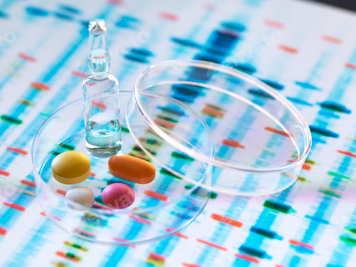 Preview: Science meets medicine with colorful pills on a genetic map backdrop.