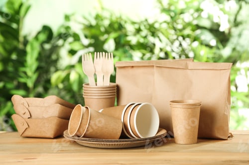 Preview: Paper dishware on wooden table against blurred background, space for text