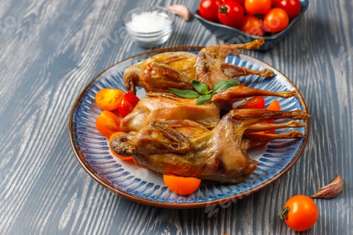 Preview: Delicious fried quail with herbs and cherry tomatoes.