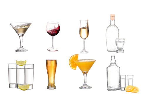 Preview: Collage of alcohol drinks. isolated on white