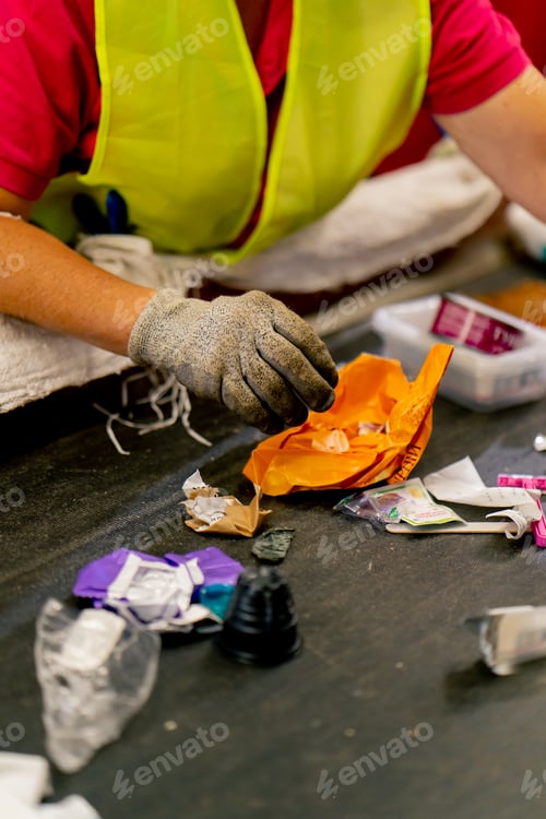 Preview: Close-up hands in work gloves sorting garbage into categories on a special line at factory