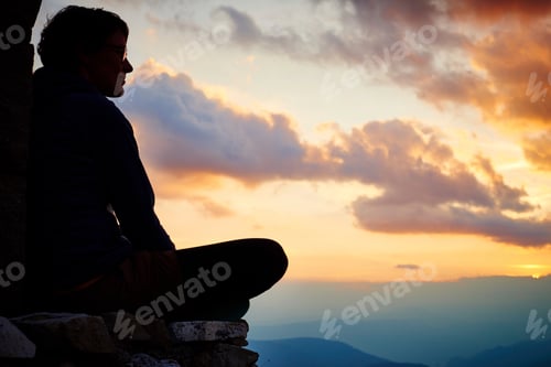 Preview: Silhouette of woman sitting cross legged watching sunset