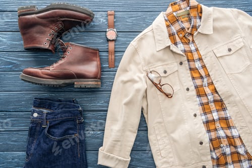 Preview: Flat lay with jeans, checkered shirt and leather boots on wooden background
