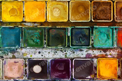 Preview: Watercolor Palette Close Up with Many Colors