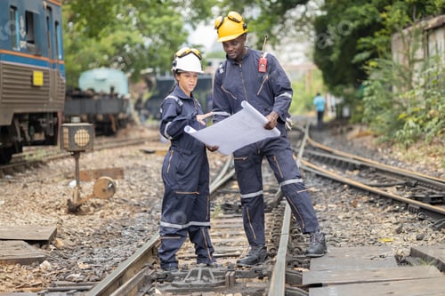 Preview: Railway Workers Discussing Plans on Railroad Track