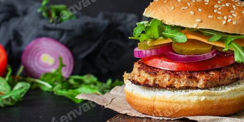 Preview: Burger Meat Cutlet Beef Steak, Tomato, Sauce And Lettuce (Tasty Meat Snack Sandwich) Menu Concept