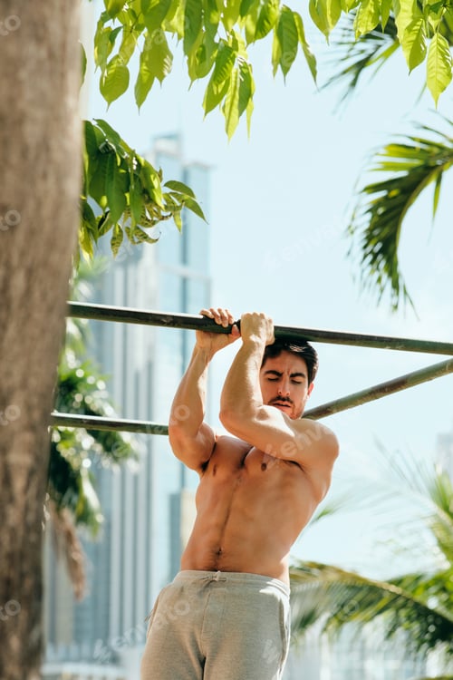 Preview: Adult Man Training ABS Abdominals Muscles Doing Calisthenics Outdoors