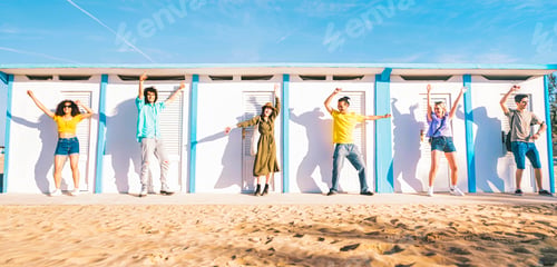 Preview: Smiling diverse young people enjoying beach party at summer vacation
