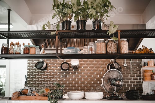 Preview: Kitchen with kitchenware and shelves