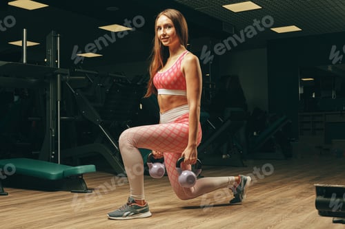 Muscular attractive woman in gym lifting dumbbells