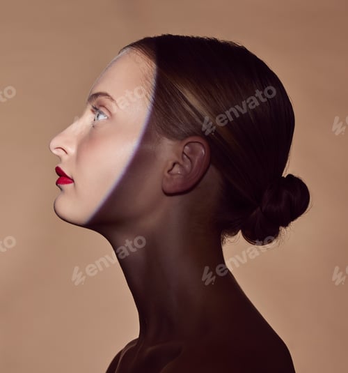 Preview: Spotlight, profile or model in shadow with beauty and creative aesthetic in studio background. Ligh