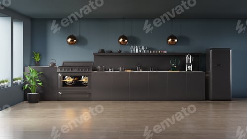 Preview: Dark kitchen interior concept.