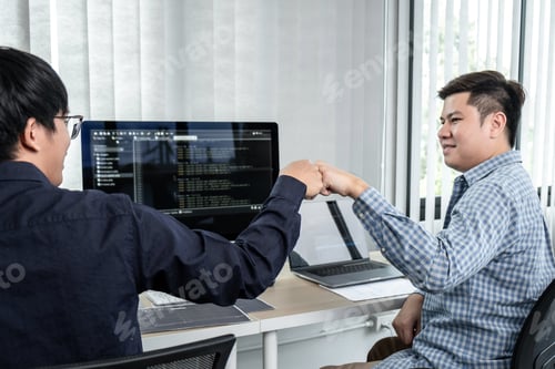 Preview: Team of two programmers working on website projects in software development and making a fist-bump