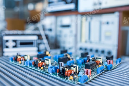 Preview: Microcircuits and components lie on metal plates