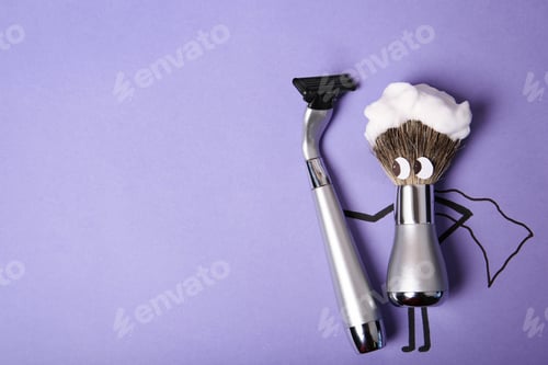 Preview: Creative flat lay composition with men's shaving accessories and space for text on color background