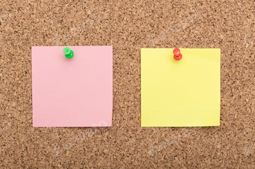 Preview: Colorful sticky notes attached to a corkboard display ideas and reminders in a creative workspace