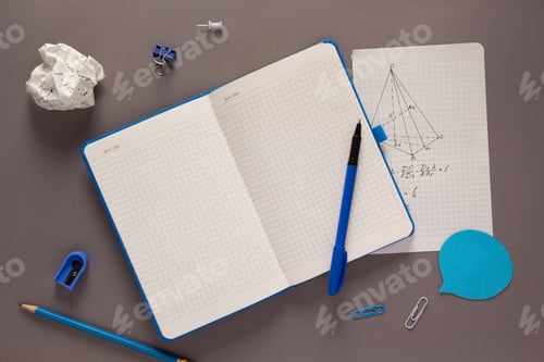 Preview: Student learn workplace and school supplies on table background. Study concept idea