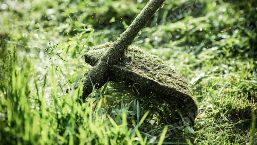 Preview: mowing the grass with a lawn mower, garden work concept background