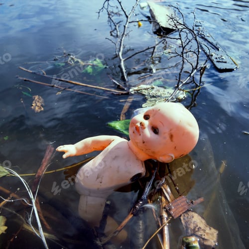 Preview: Pollution in public water by a discard,plastic toy doll